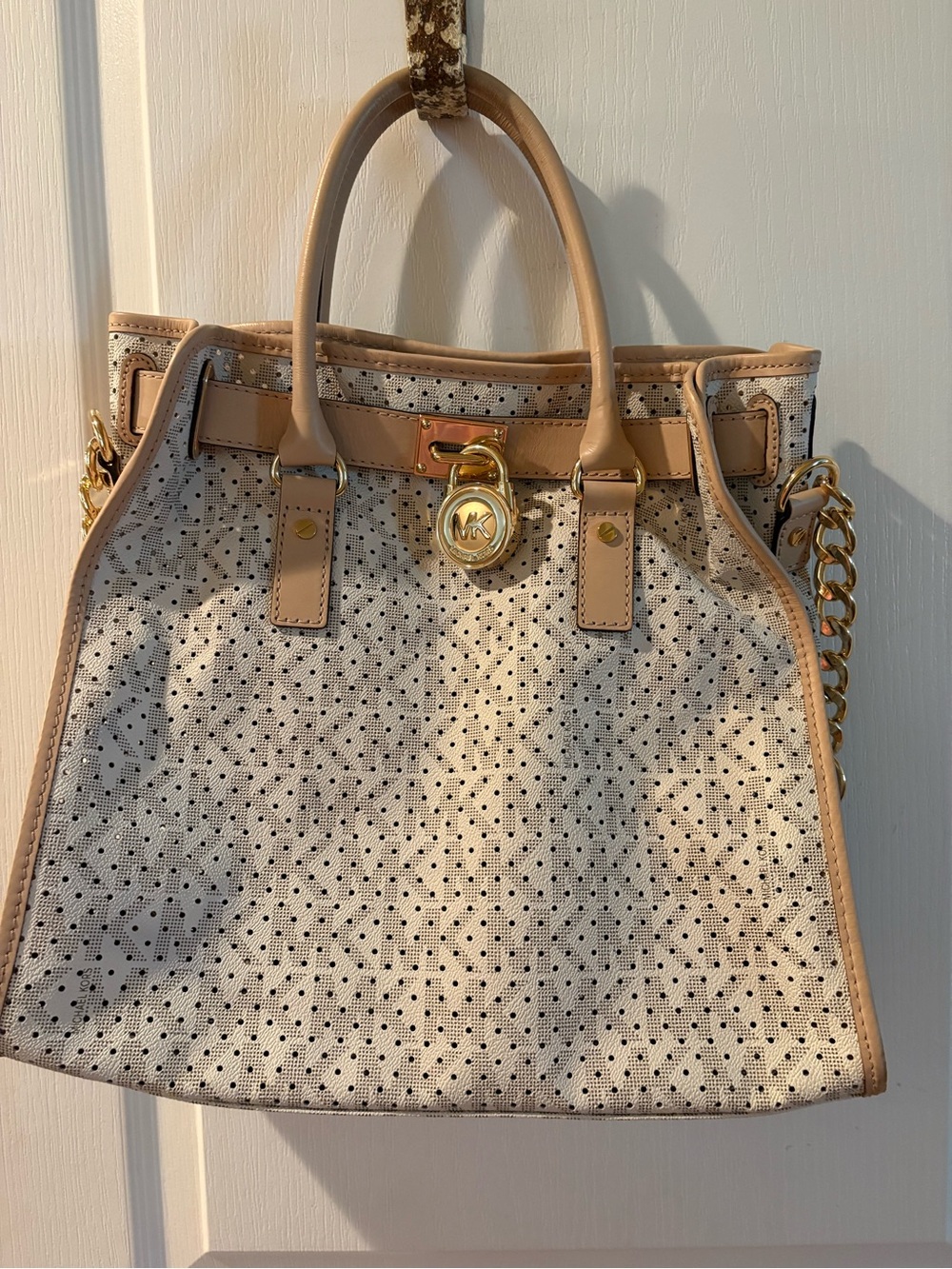 Michael Kors Hamilton Beige Perforated Handbag With Leather and Chain Handle